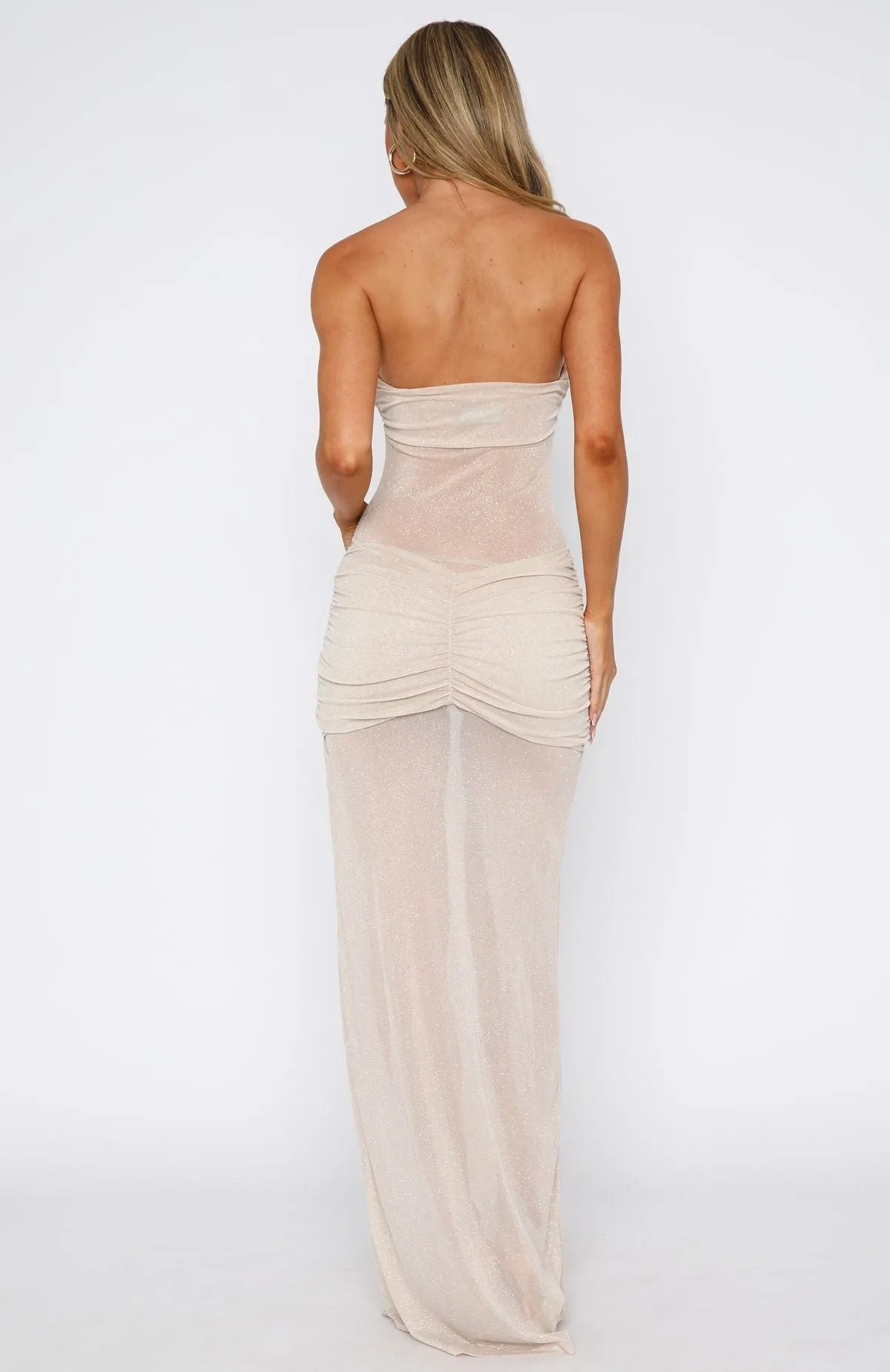 Sheer Grace Strapless Glitter Maxi Dress Champagne Sunset Scene TumbleDry Safe