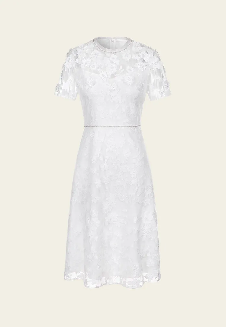 Floral-appliqu?? Beaded-detail Embroidered Mesh Dress NonRestrictiveFit