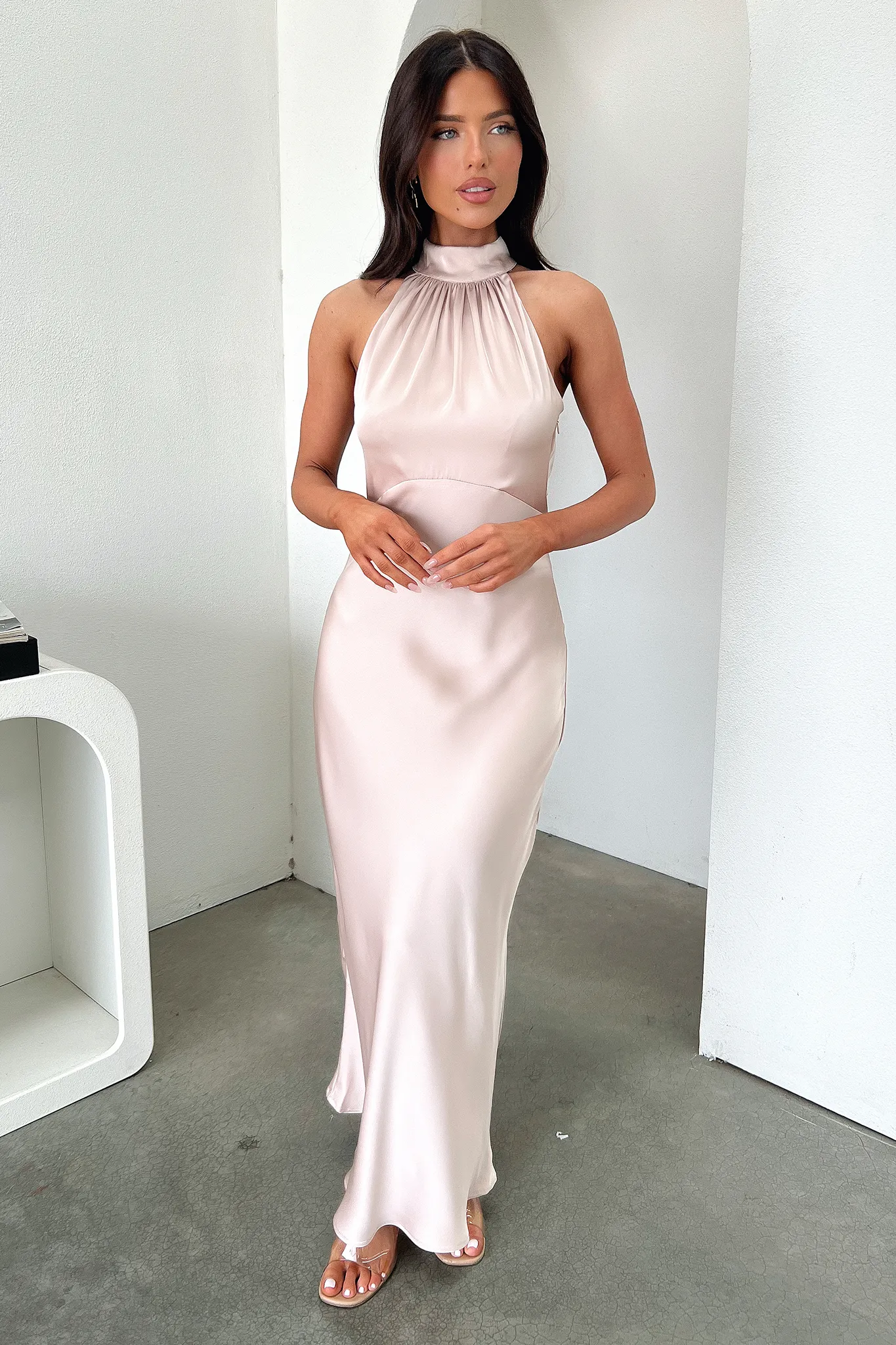 Square View Tulle Glow Daphne High Neck Maxi Dress - Champagne