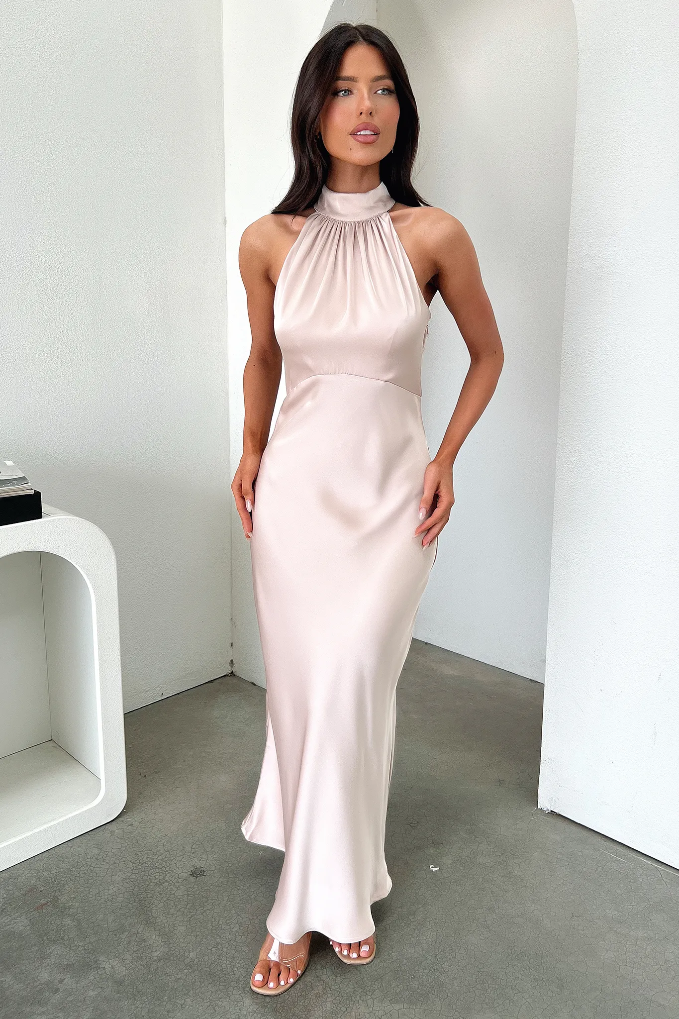 Gorgeous floor-length style Brick Glow Daphne High Neck Maxi Dress - Champagne