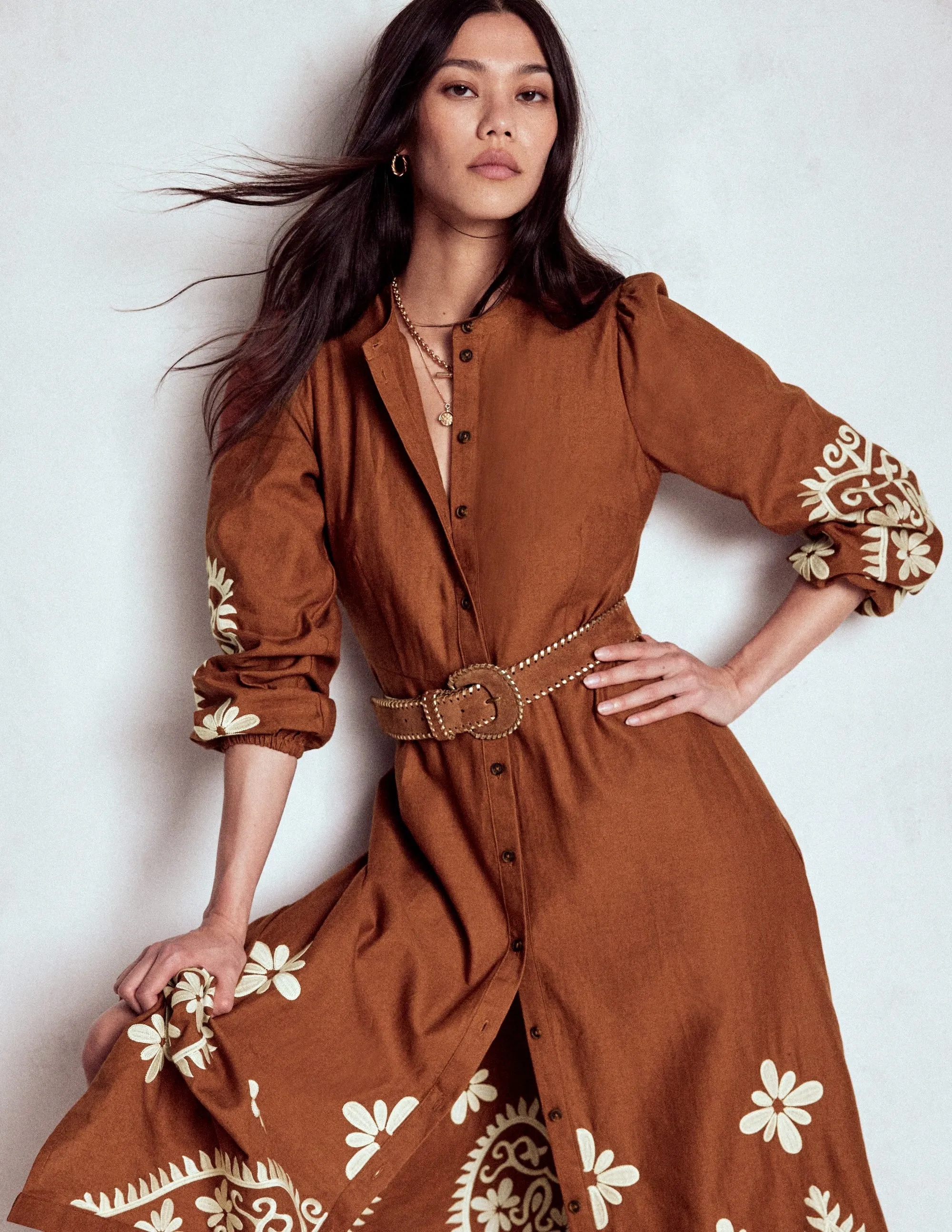 Mae Linen Blend Shirt Dress-Russet This dress is the perfect addition to any wardrobe for those who value both style and comfort