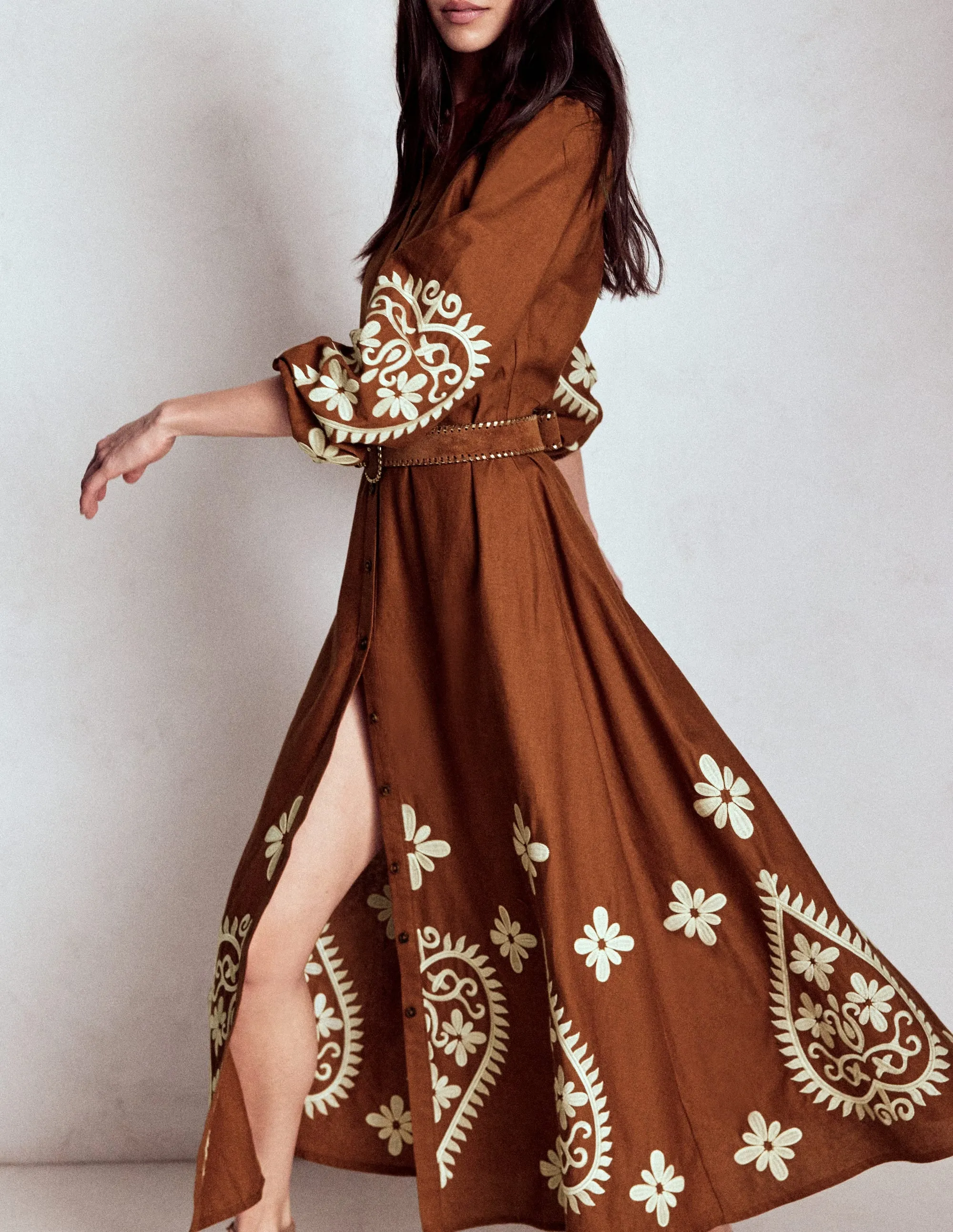 Linen Glow Metal Glow Mae Linen Blend Shirt Dress-Russet