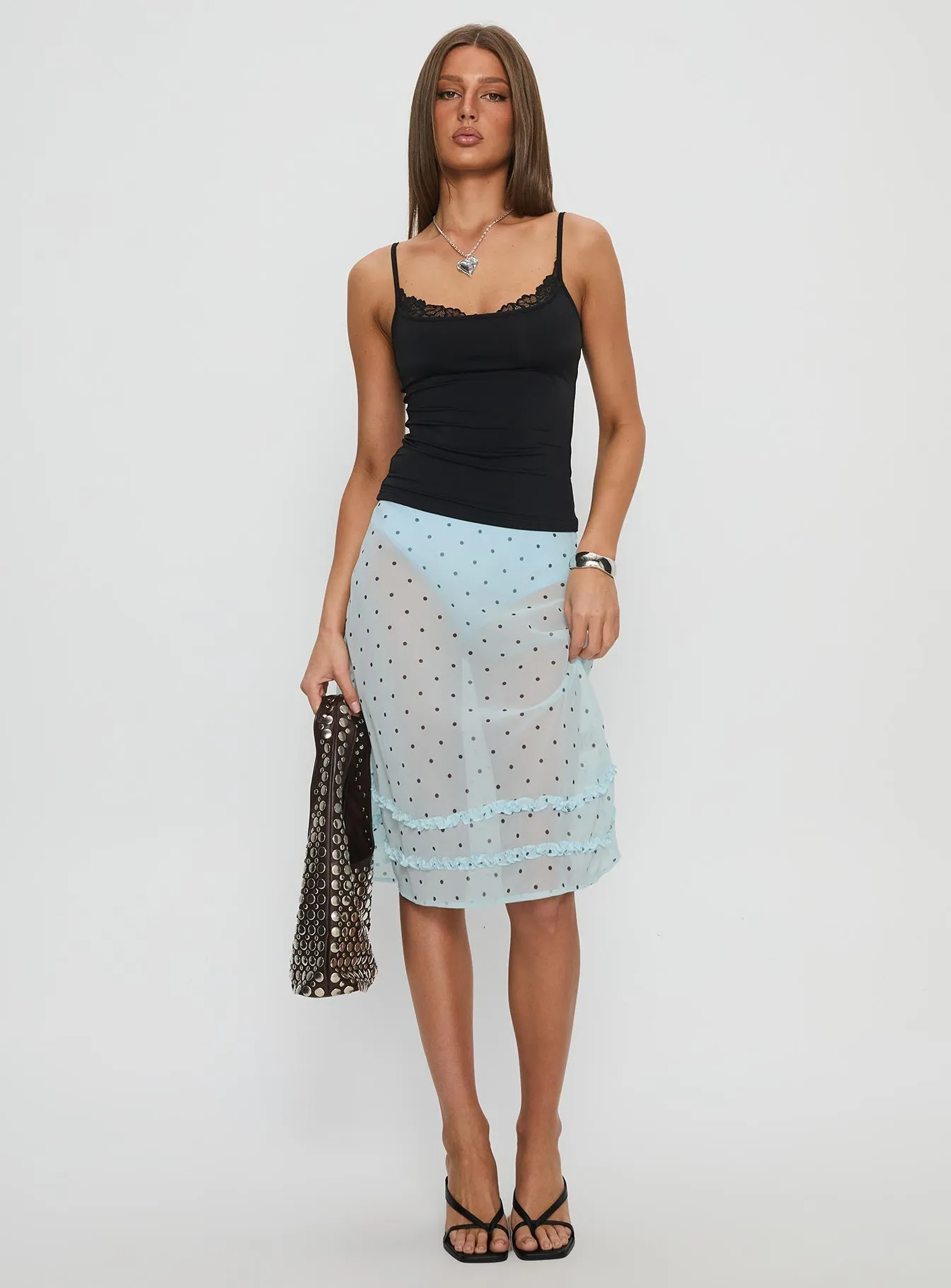 Lyza Sheer Midi Skirt Blue Polka Unique Feature Romantic Vibe