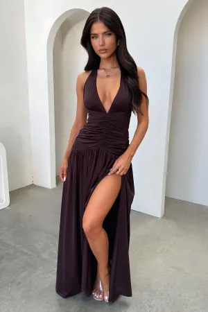 The relaxed fit of this maxi dress ensures all-day comfort while maintaining a stylish look Ginevra Ruched Halter Maxi Dress - Brown