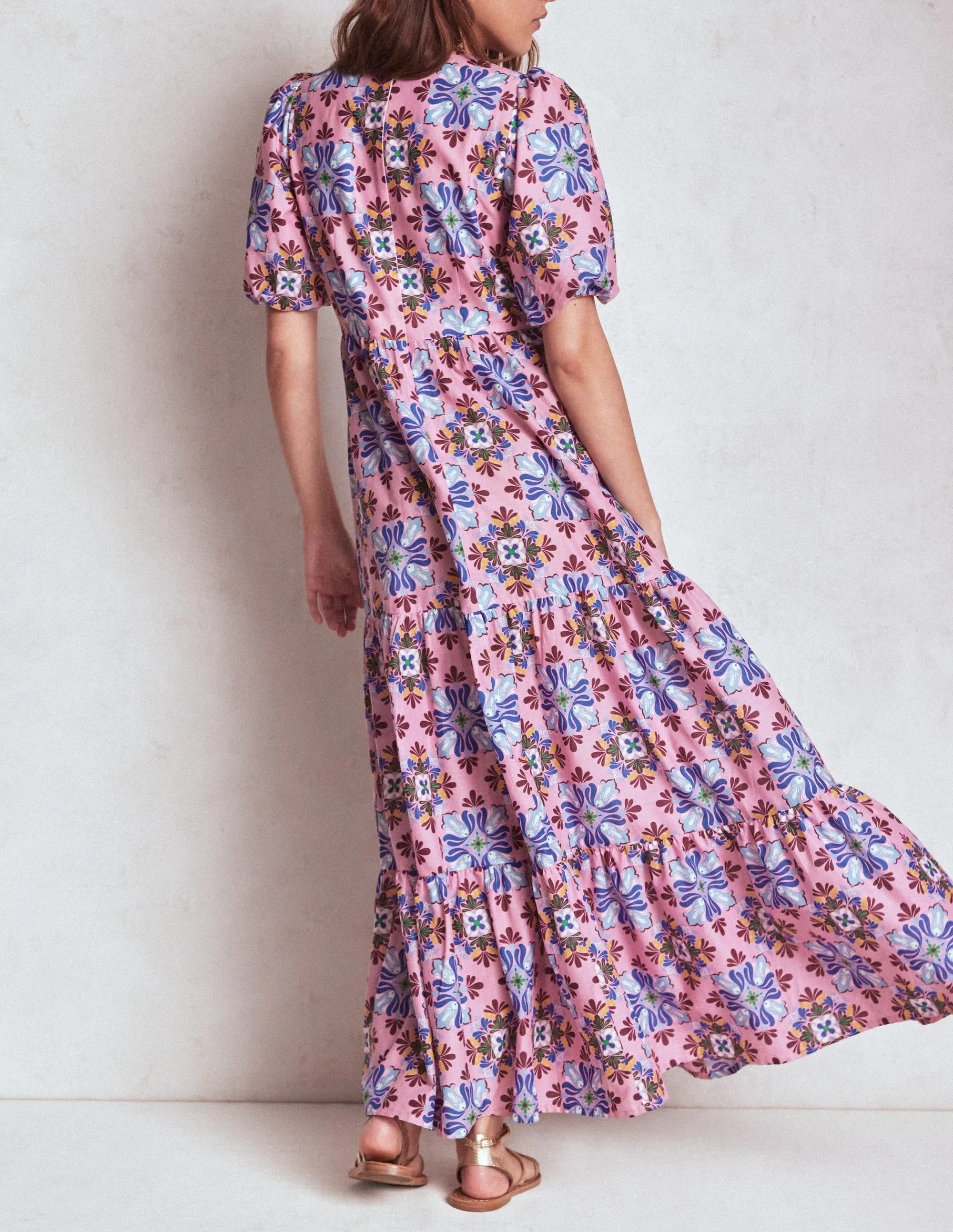 Tiered Poplin Dress-Formica Pink, Bloom Mosaic Dune Glow Orchard Walk