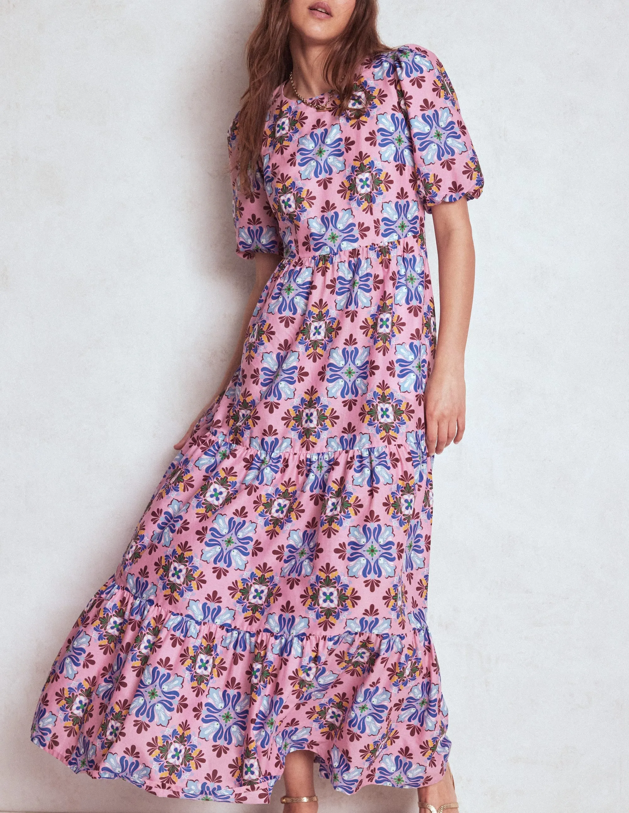 forest calm Tiered Poplin Dress-Formica Pink, Bloom Mosaic