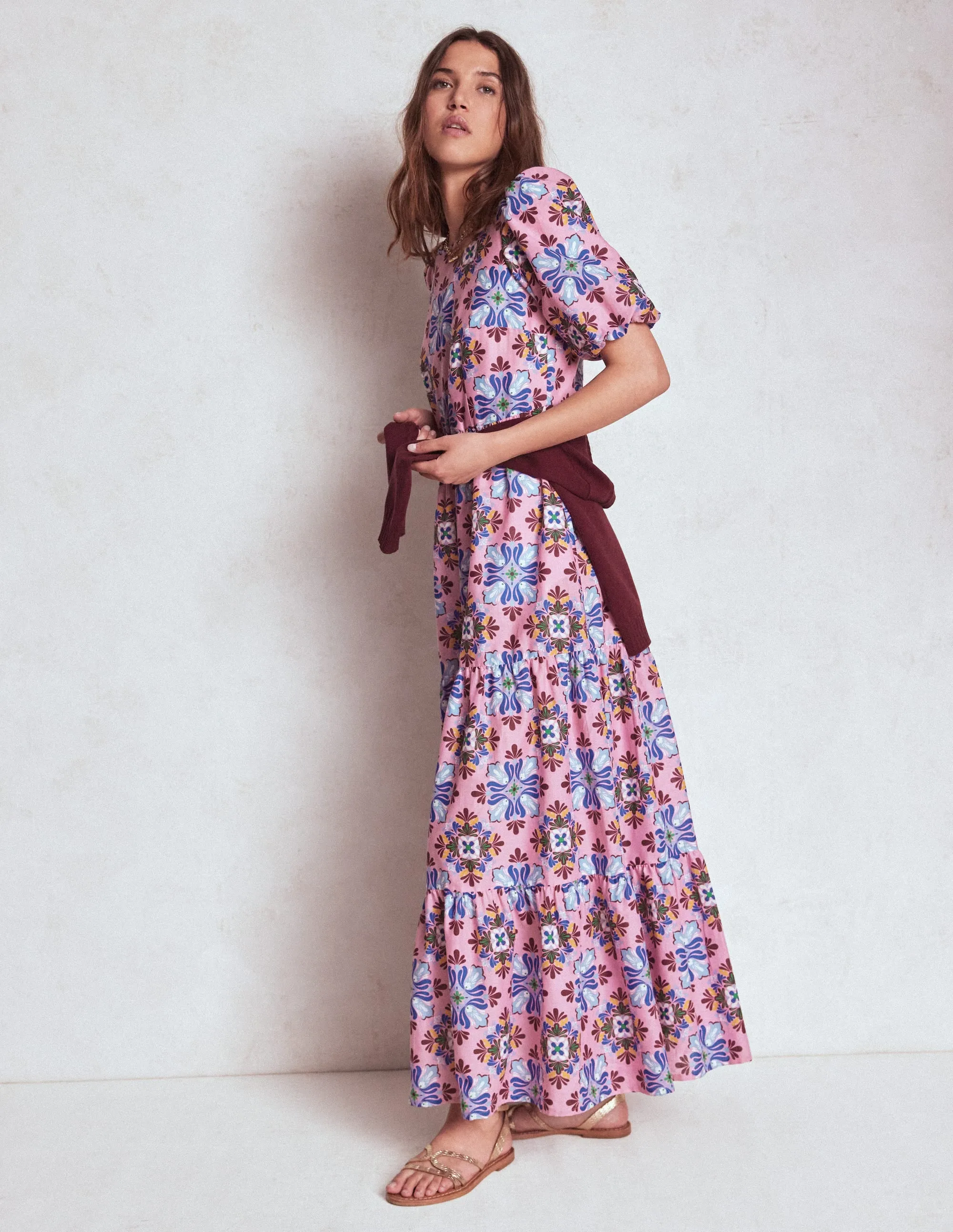 Leaf Dance Noon Light Tiered Poplin Dress-Formica Pink, Bloom Mosaic