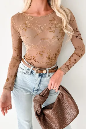 Champagne Flirt Boat Neck Mesh Bodysuit (Brown) Relaxed Date Elegant Casual