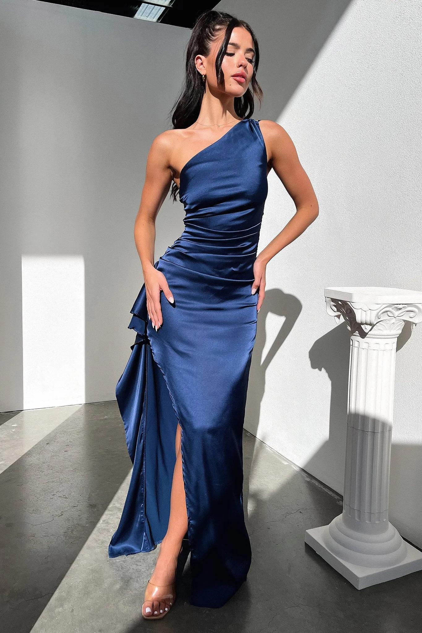 Elianna One Shoulder Satin Maxi Dress - Navy Graceful full-length gown Park Date