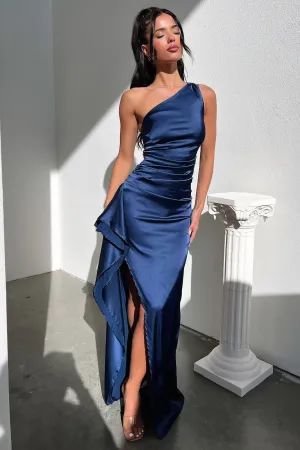 Elianna One Shoulder Satin Maxi Dress - Navy Designed to complement every body shape this dress enhances your natural silhouette Tropical Air