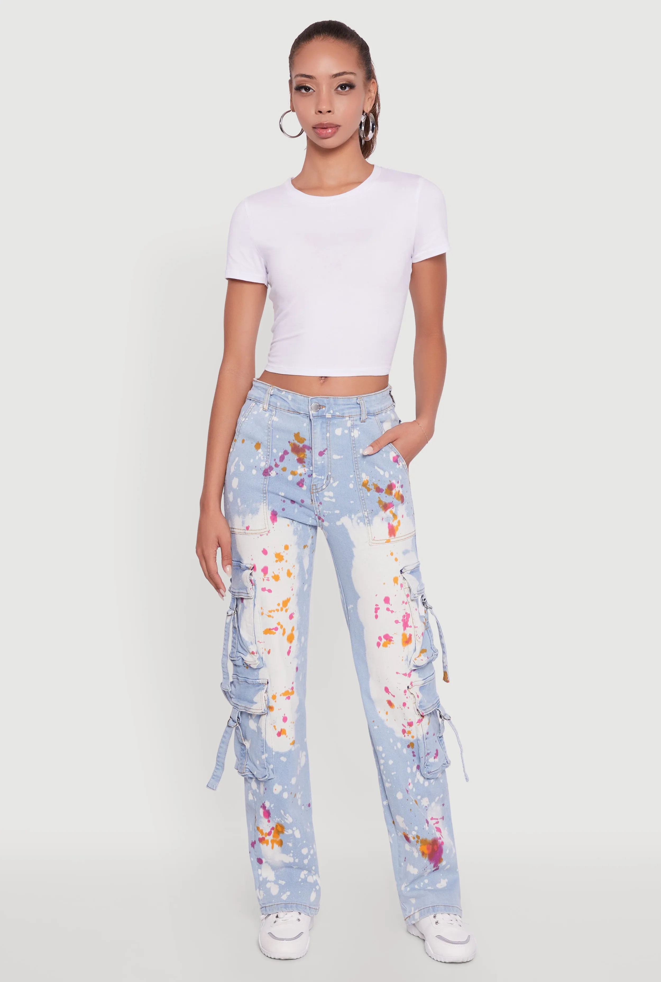 Paint Splattered Straight Leg Cargo Jeans Clean Piece Button Fly Option