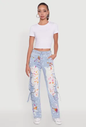 Paint Splattered Straight Leg Cargo Jeans Clean Piece Button Fly Option