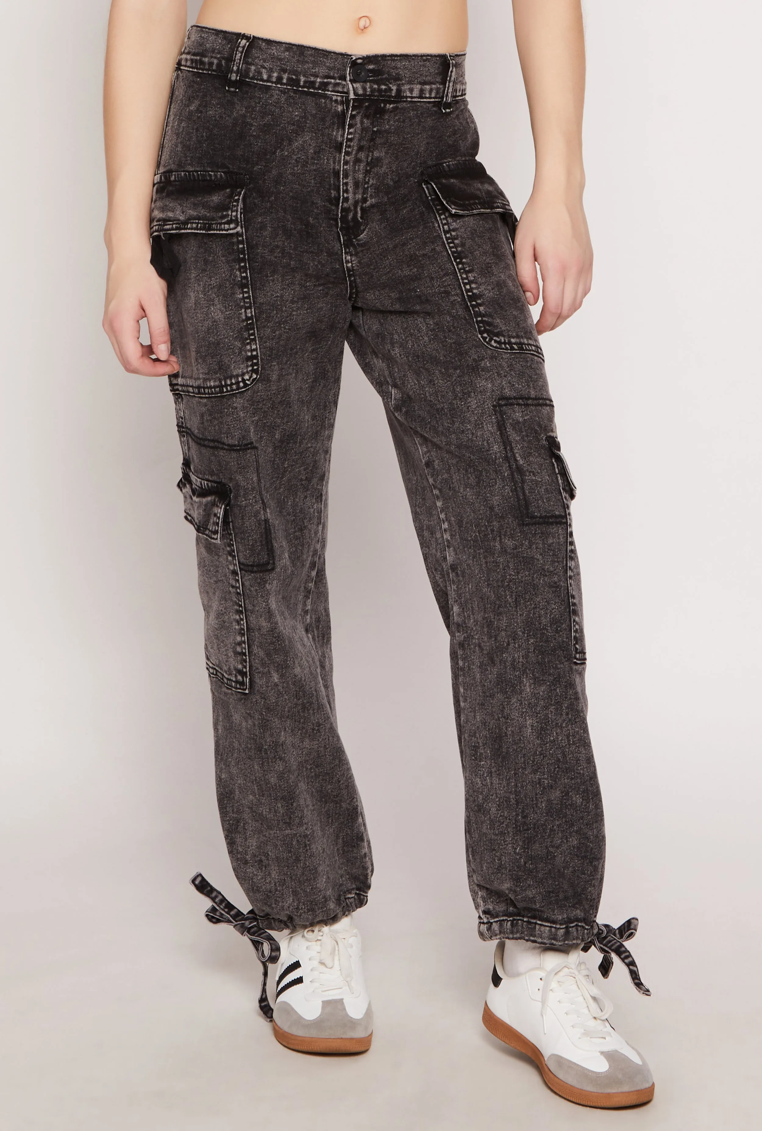 Almost Famous Denim Drawstring Hem Cargo Joggers Straight Leg Design
