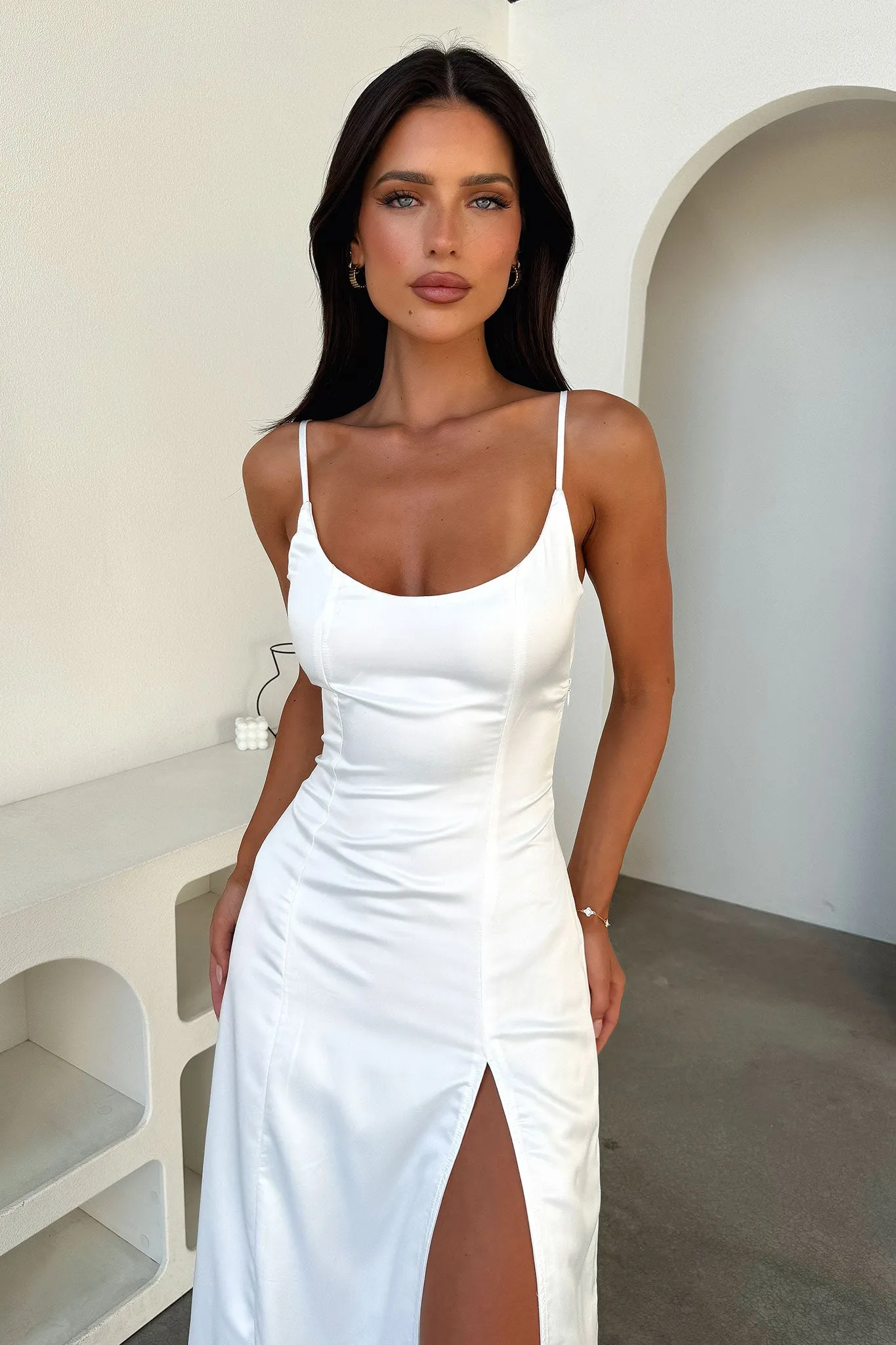 With its sophisticated design this dress will always remain a classic wardrobe piece This maxi dress combines classic style with modern comfort for a timeless look Violetta Scoop Neck Satin Maxi Dress - White