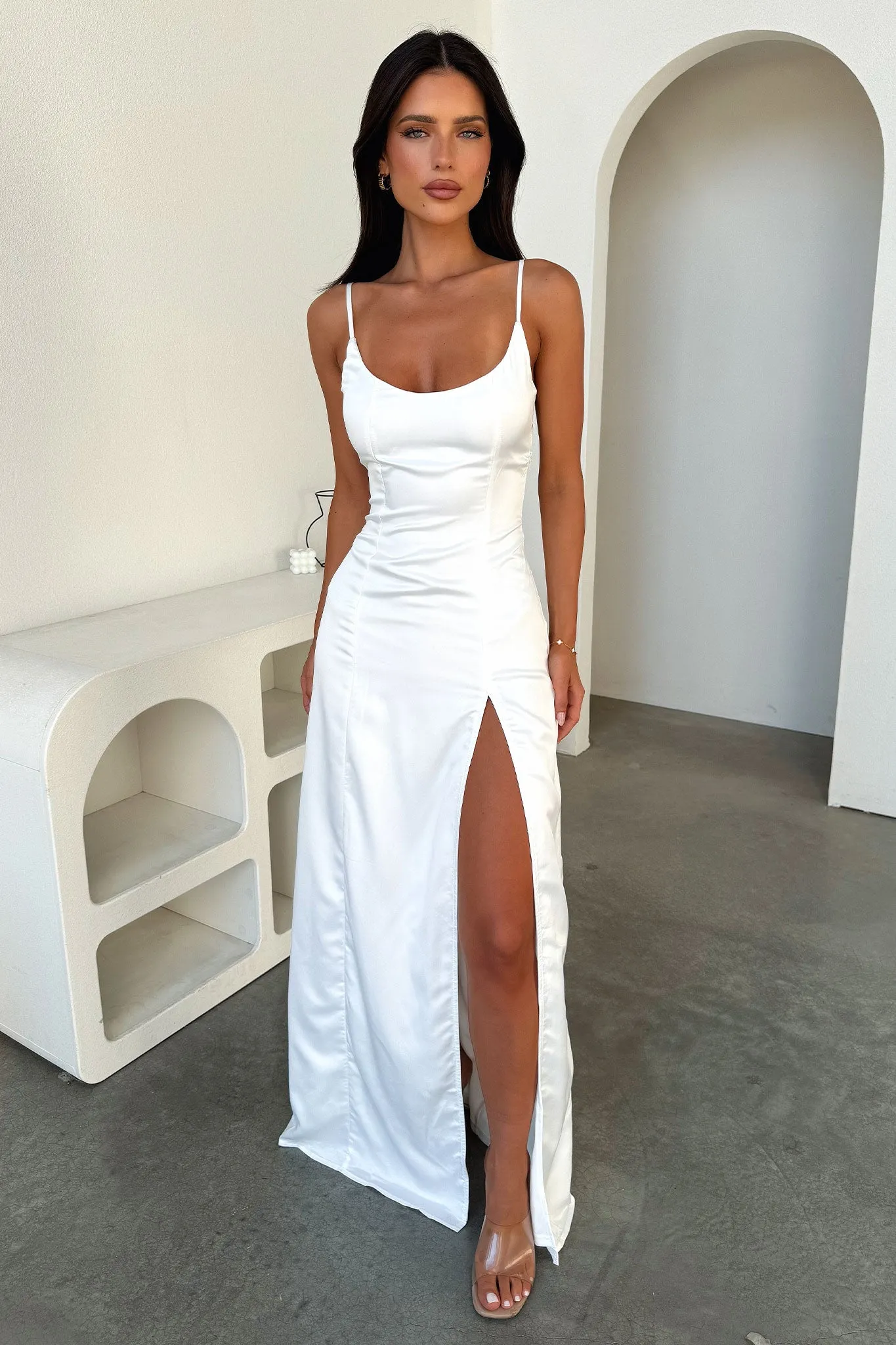 Leather Soft Trendy evening gown Violetta Scoop Neck Satin Maxi Dress - White