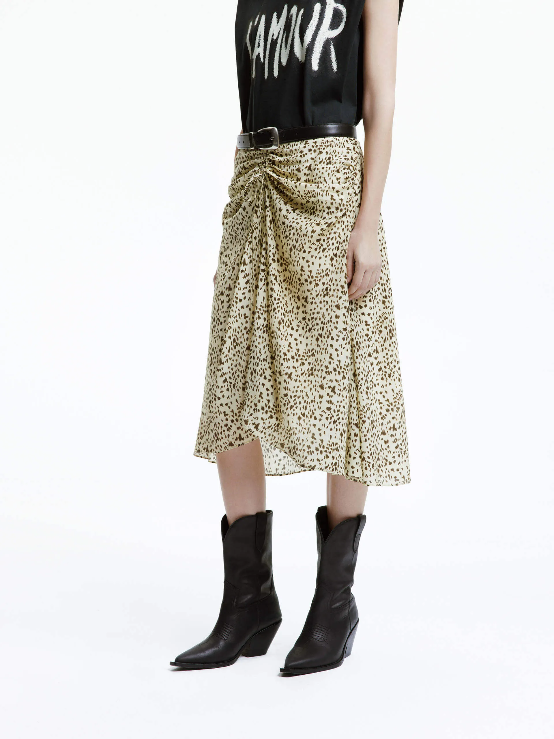 Leather Look Leopard Print Silk Skirt