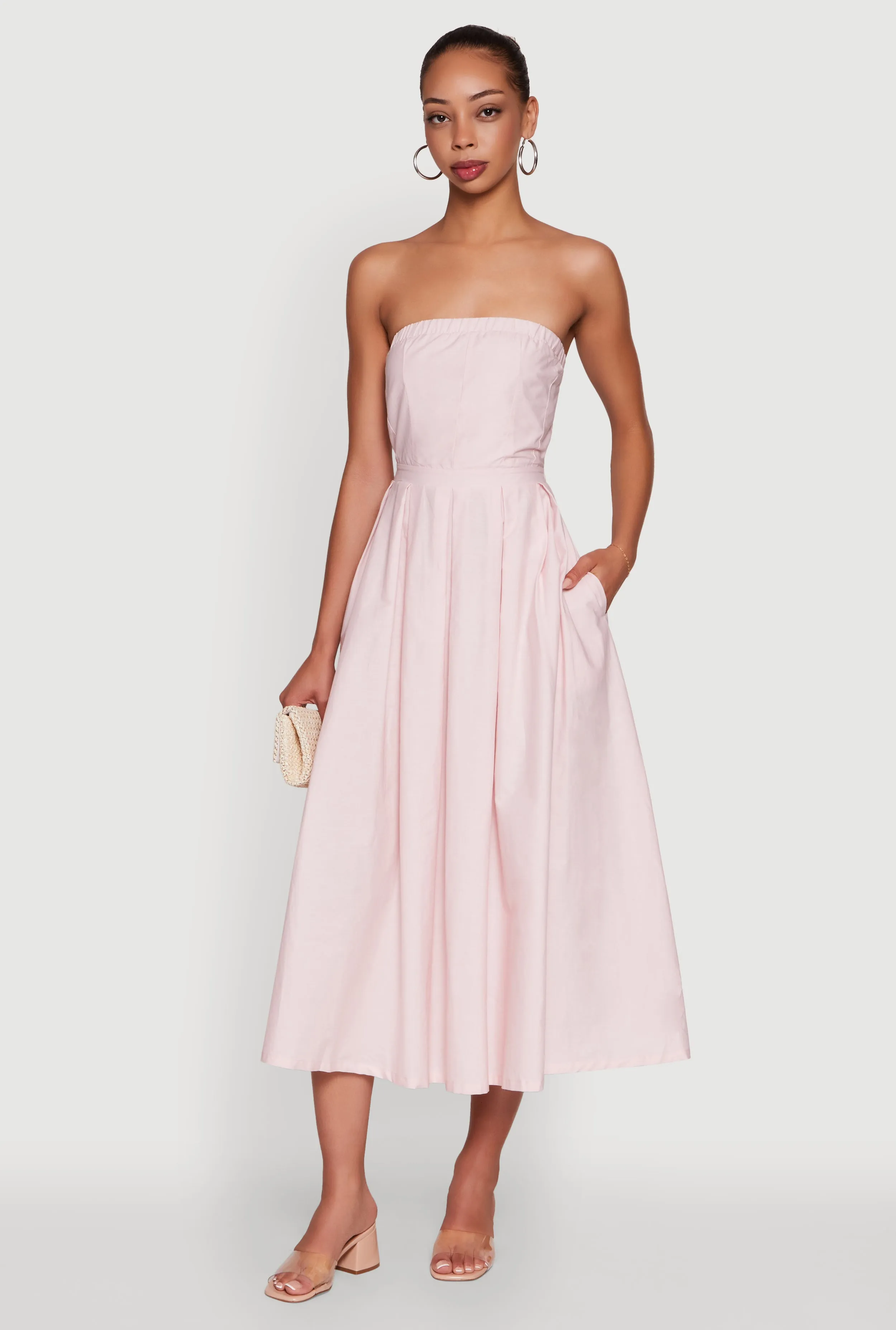 Elegant semi-formal gown Chic Comfort Haute Monde Strapless Pleated Midi Dress with Zip Back