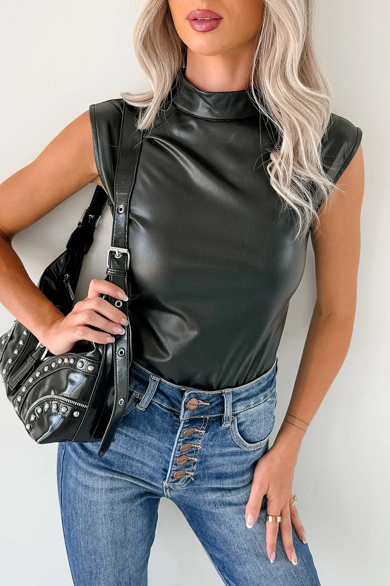 Essential Dinner Lucid Dreaming Faux Leather Mock Neck Bodysuit (Black)