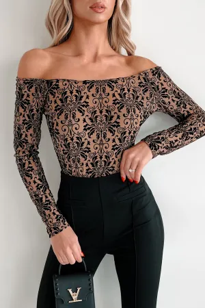 Active Teen Flexible Hot Moreen Off The Shoulder Velvet Mesh Bodysuit (Coffee)