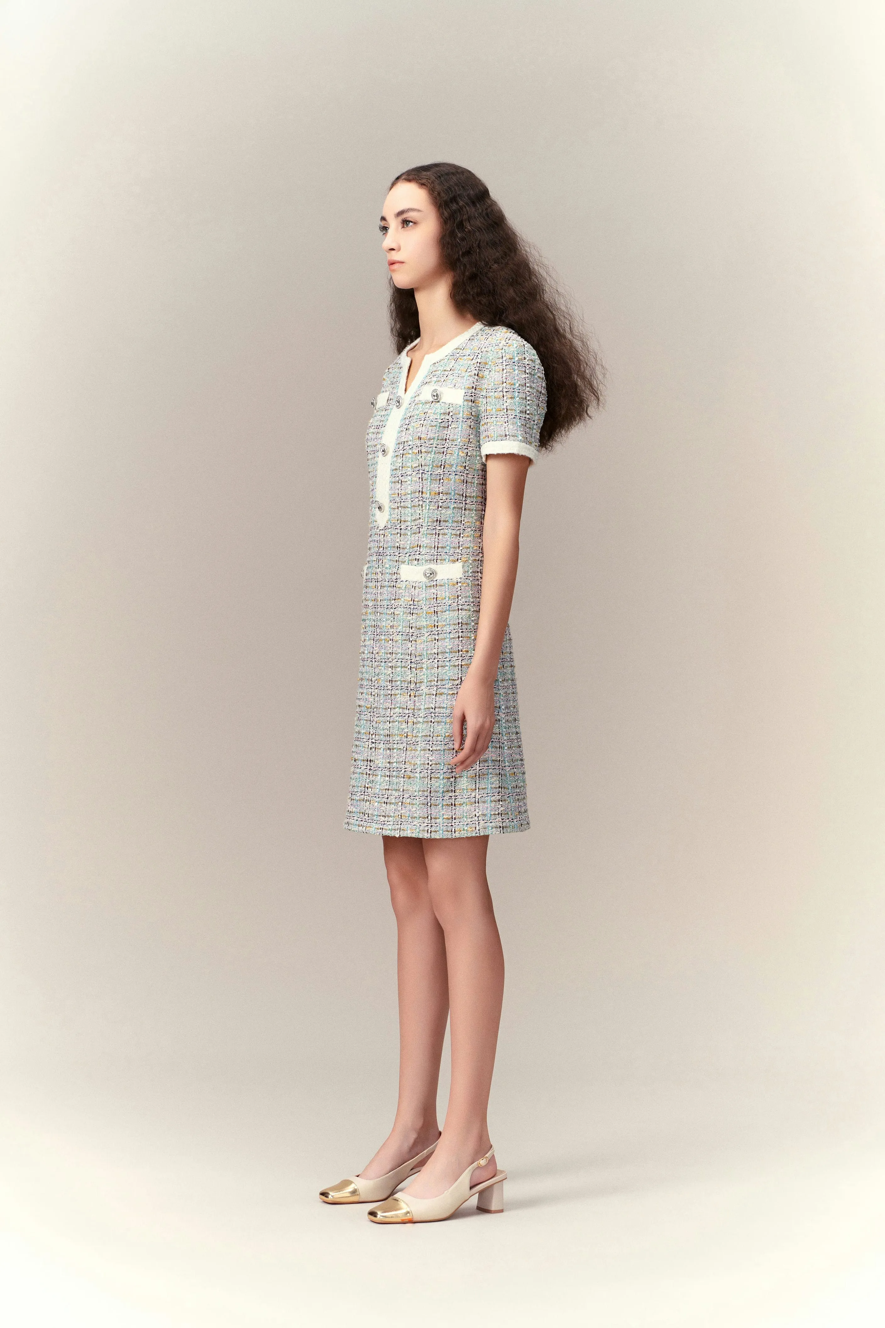 Linen Soul Ultraviolet Protection Lurex Classy Check Tweed Dress