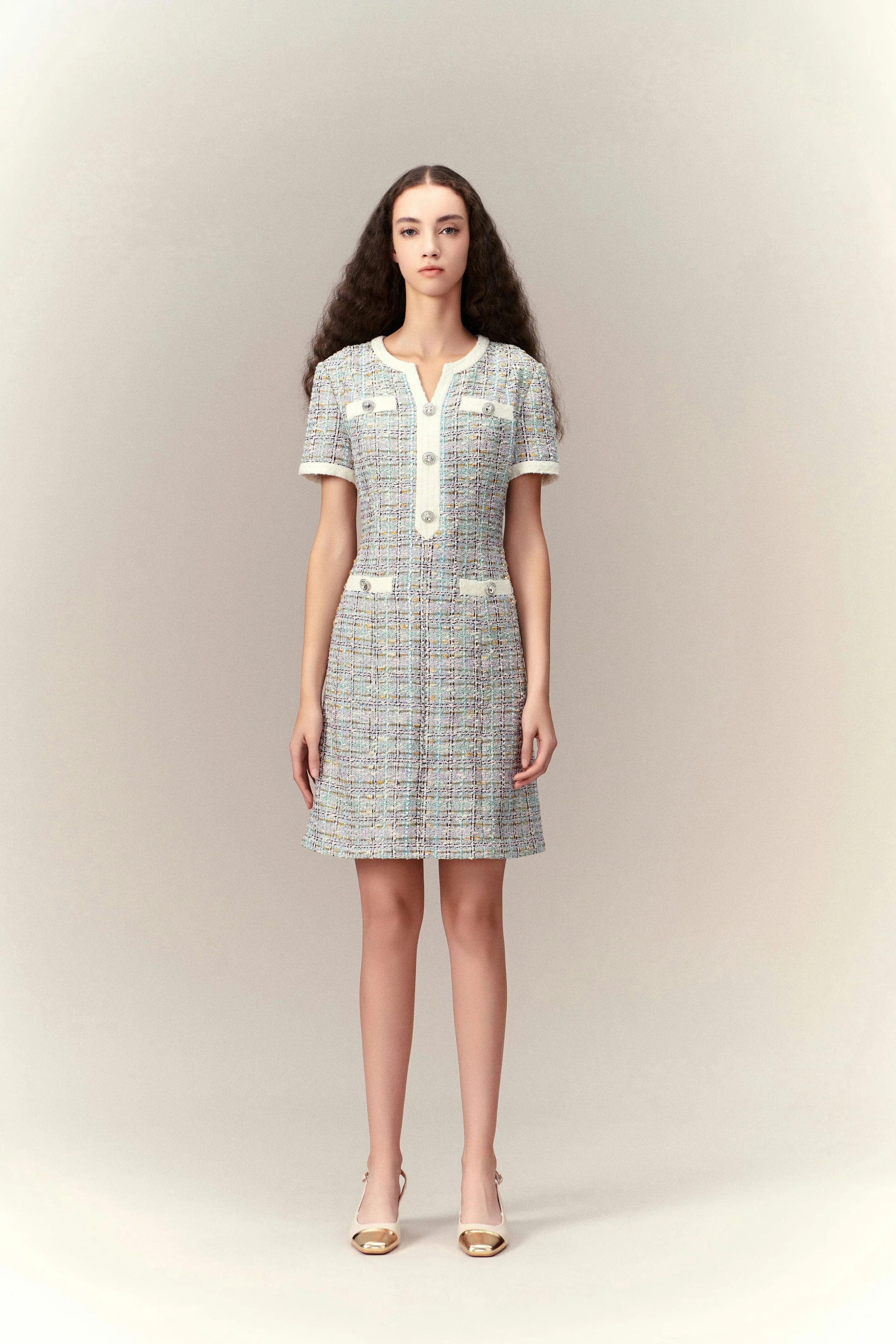 FlexibleWaistband Lurex Classy Check Tweed Dress