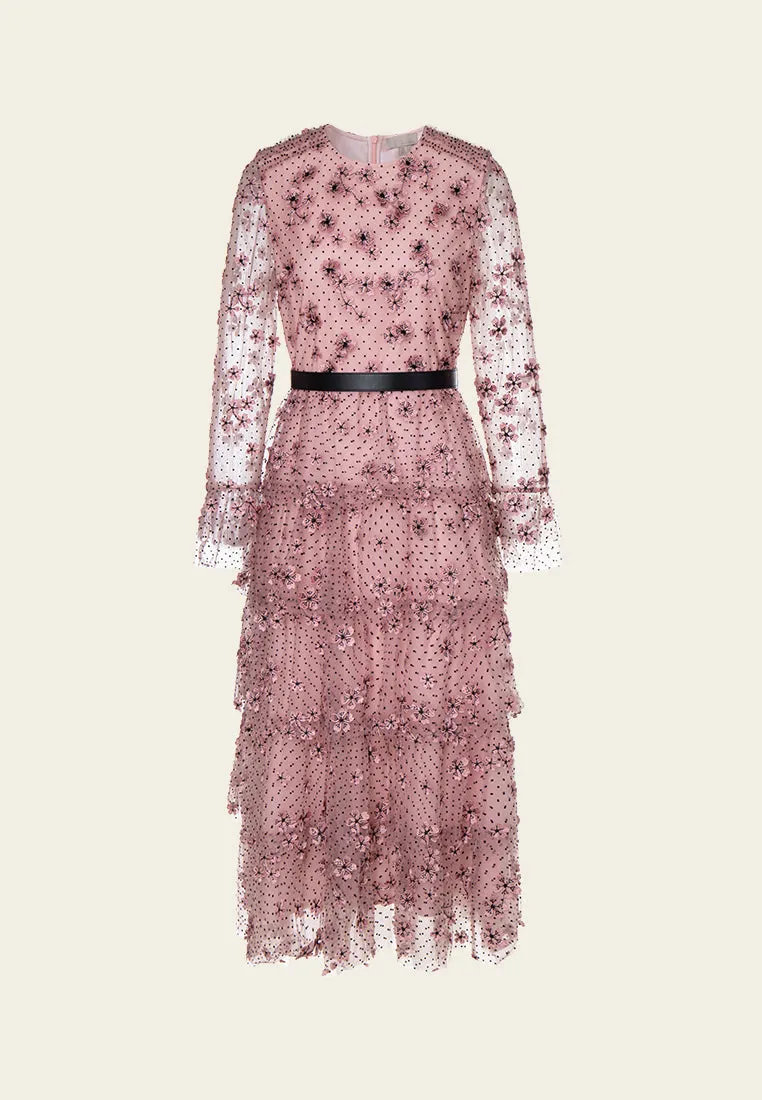Sakura Appliqu?? Belted Panelled Mesh Dress FormFitting Cut Layer Light