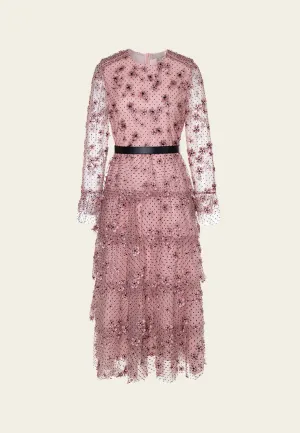 Sakura Appliqu?? Belted Panelled Mesh Dress FormFitting Cut Layer Light