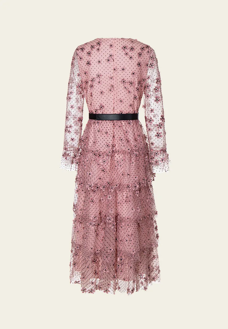 QuickAccessPockets Sakura Appliqu?? Belted Panelled Mesh Dress