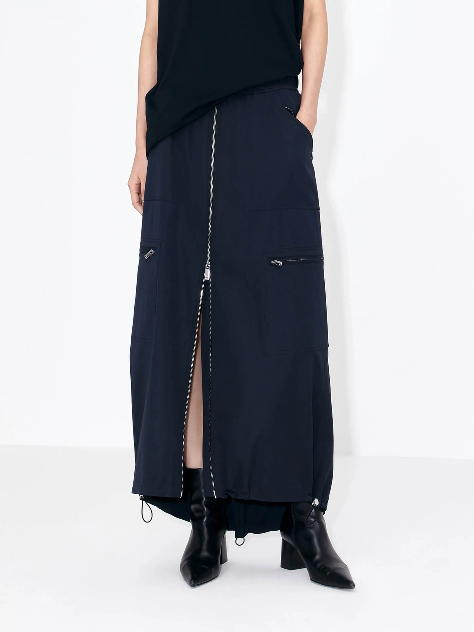 Front Zipper Elastic Waist Skirt Soft Combo