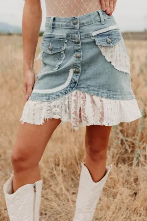 Low Maintenance Fabric Let's Stick Together Patchwork Mini POL Skirt (Denim)