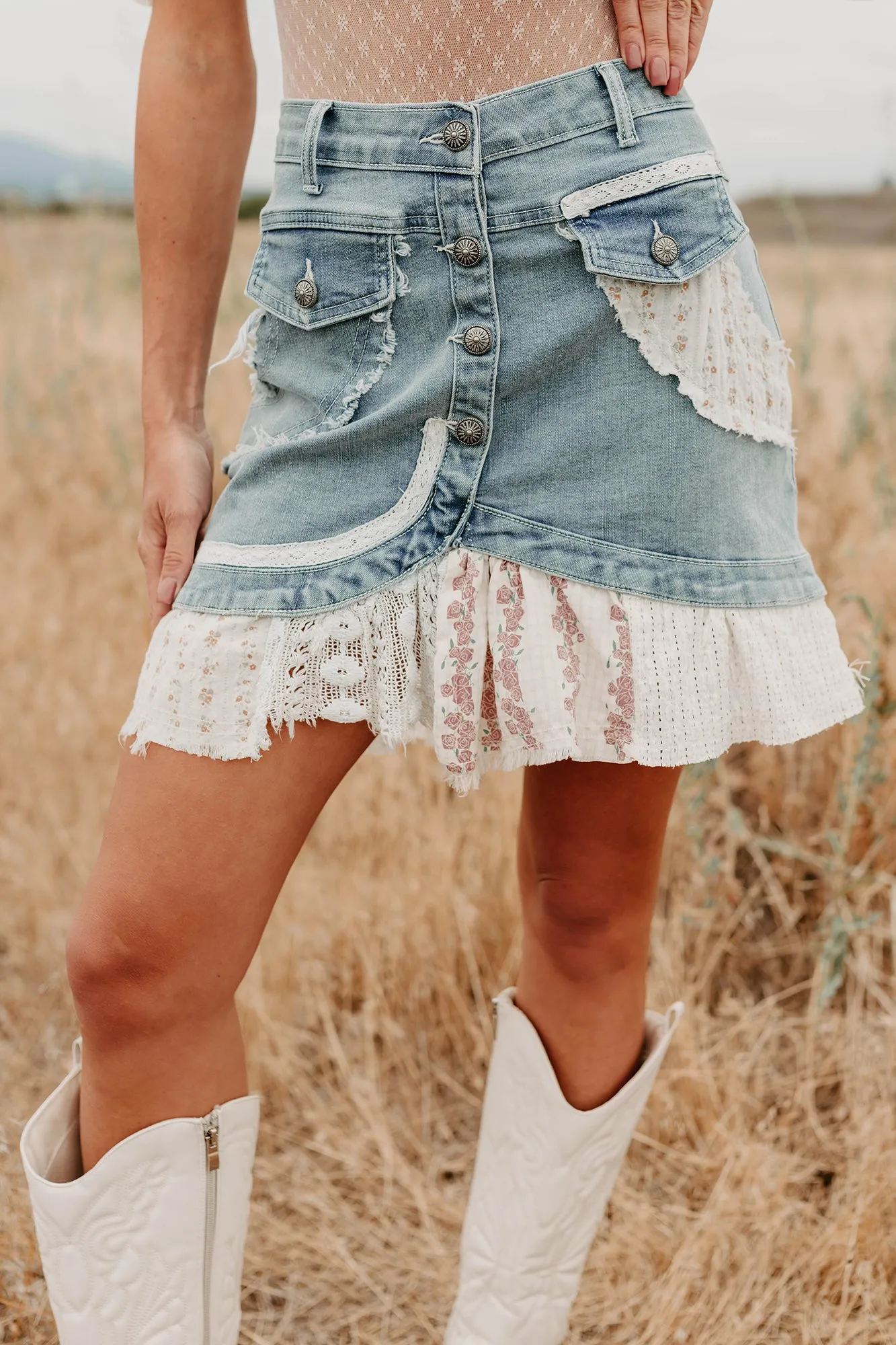 Let's Stick Together Patchwork Mini POL Skirt (Denim) Aesthetic Fit