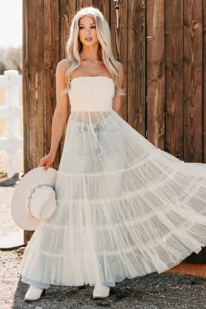 Stay Resilient Tiered Mesh Corset Maxi Dress (Cream) Soft fabric maxi gown