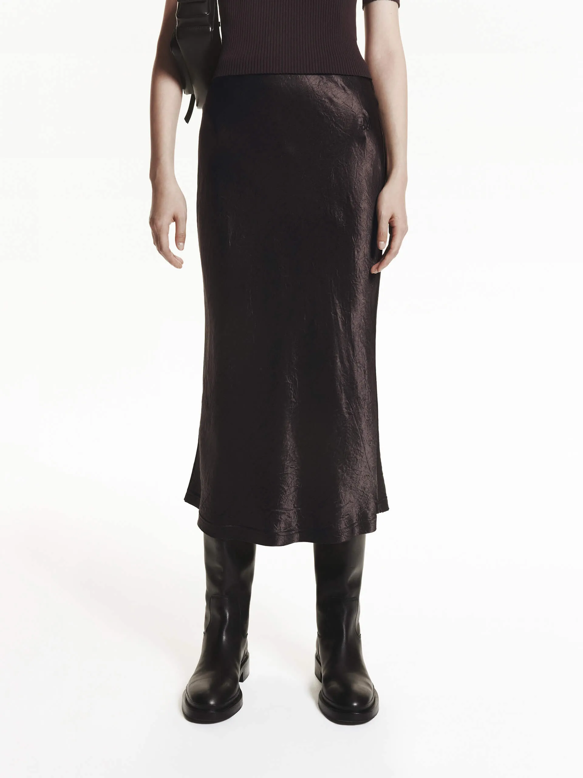 Tailored Satin Midi Skirt Sheer Overlay Neutral Tones