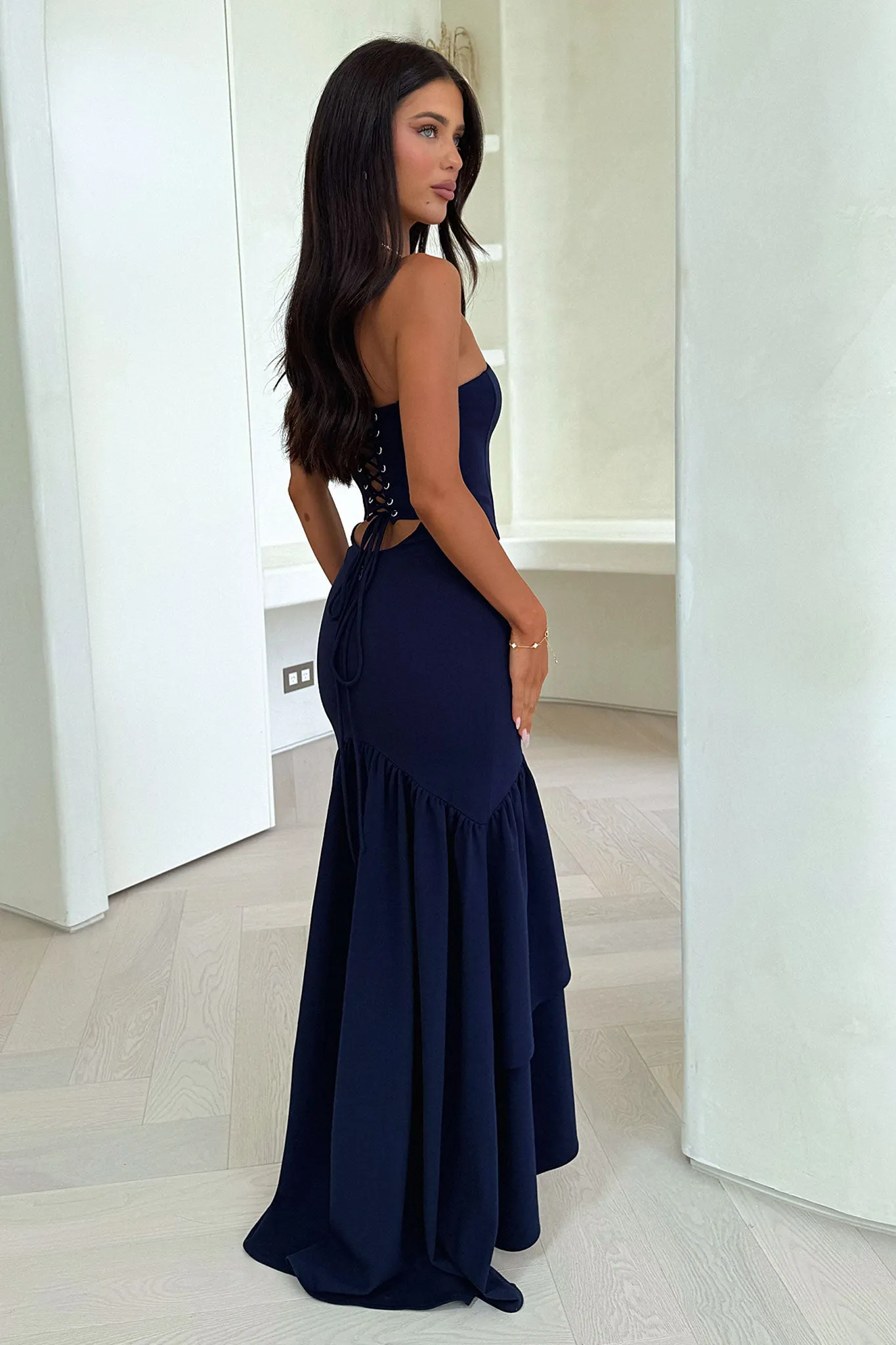 Thalassa Strapless Corset Maxi Dress - Navy Island Mood The elegant design of this maxi dress adds a refined touch to your wardrobe without being overly complicated