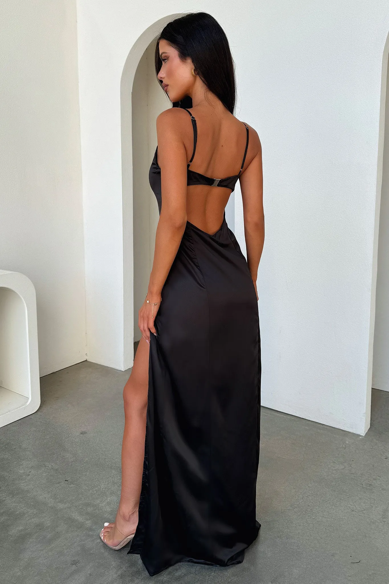 Violetta Scoop Neck Satin Maxi Dress - Black Desert Light Knot Glow