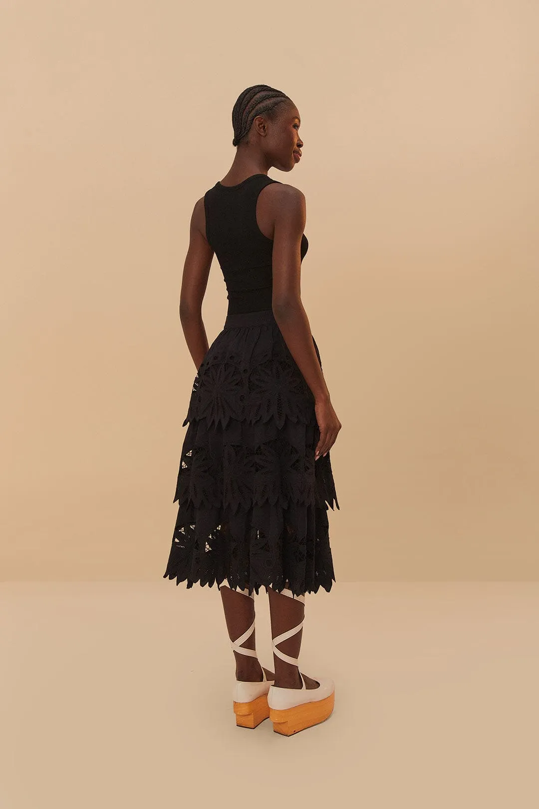 Structured silhouette High Rise Black Daisy Embroidered Midi Skirt