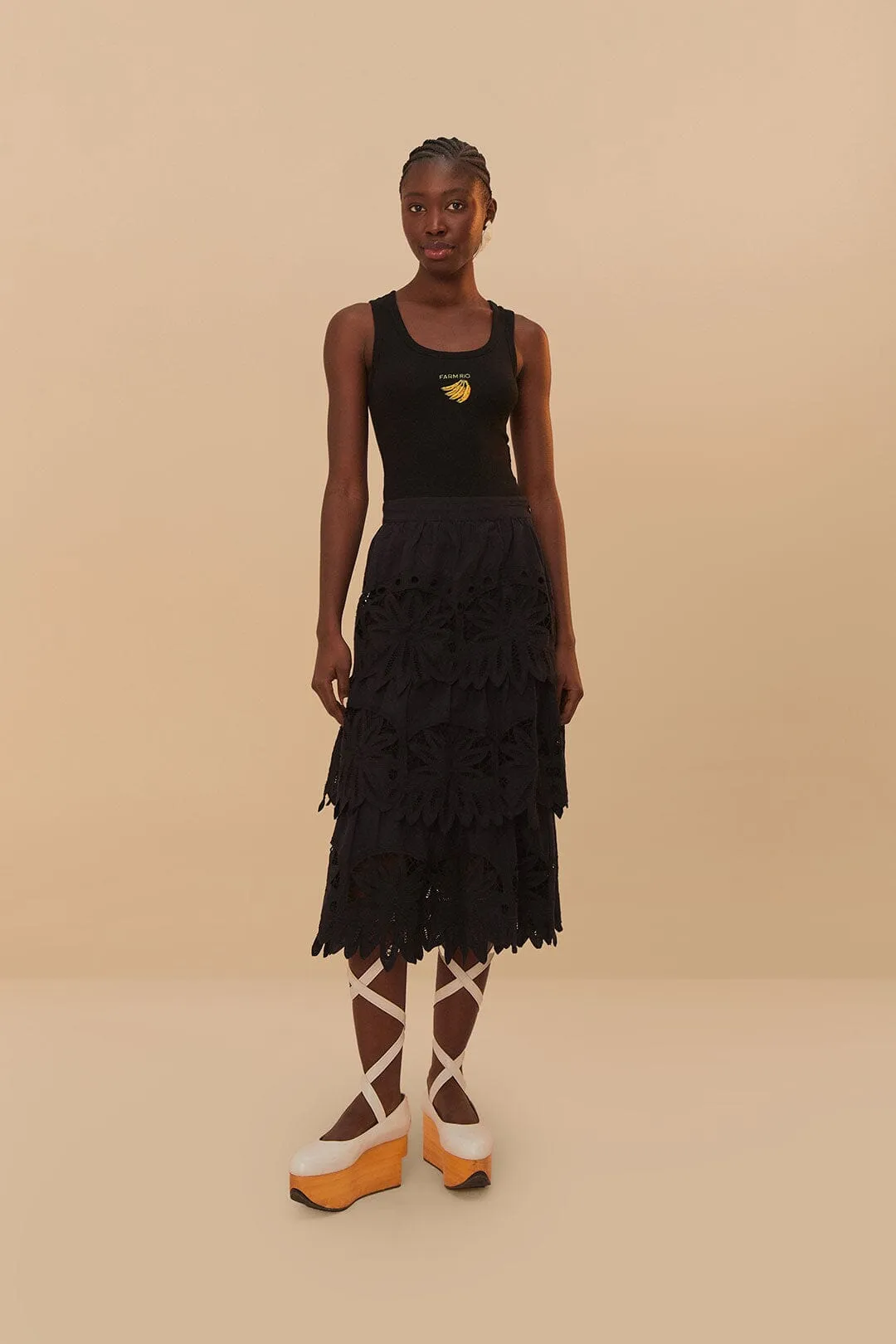 Black Daisy Embroidered Midi Skirt Minimal Vibe