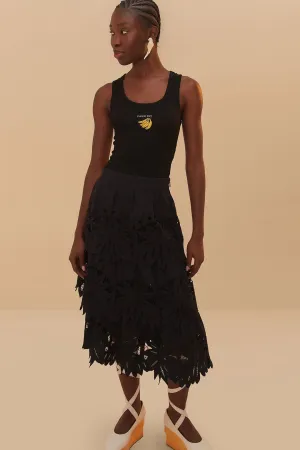 Black Daisy Embroidered Midi Skirt Quick Fit