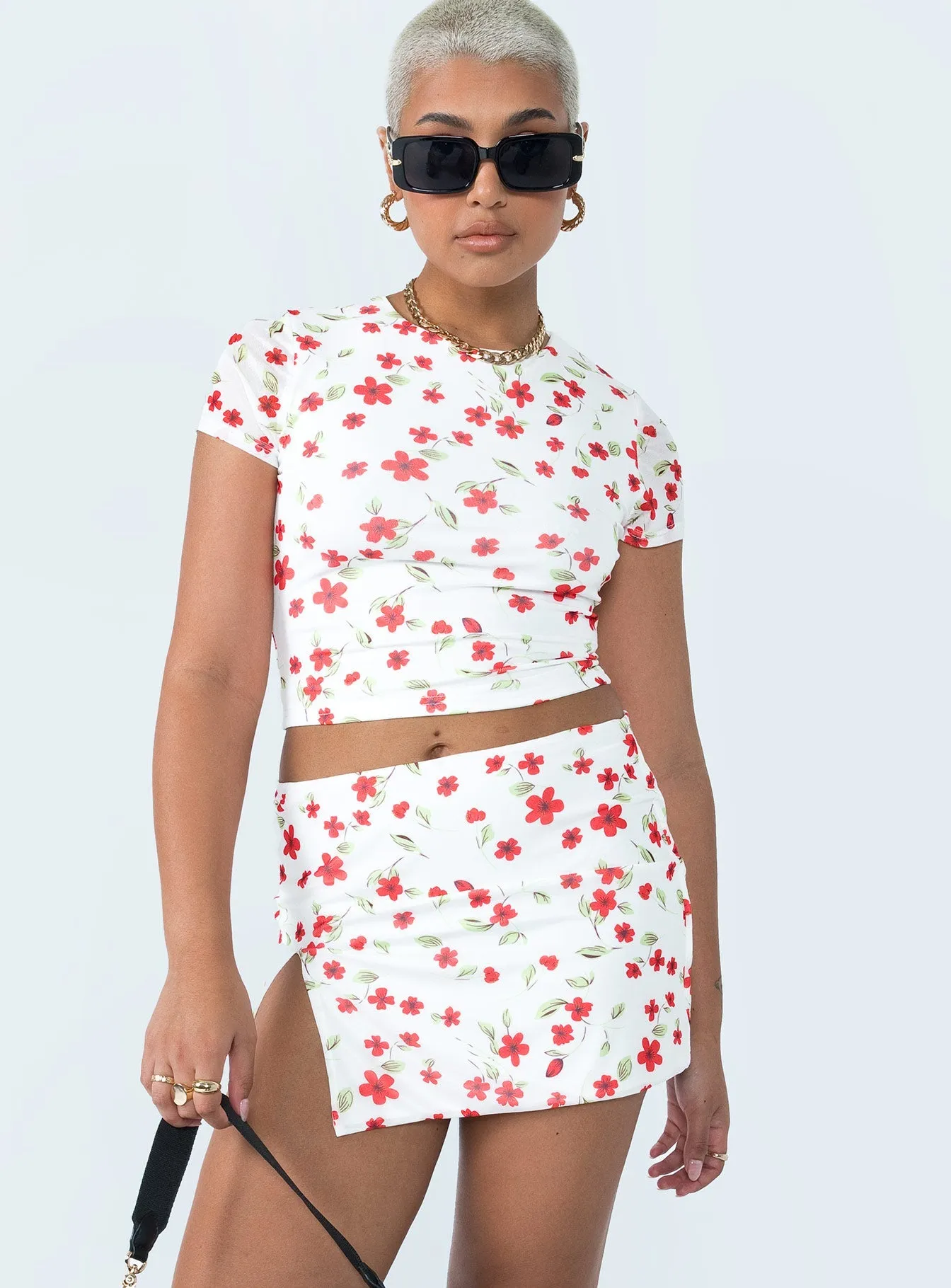 Bold Move Mini Skirt White Floral Flexible Knit