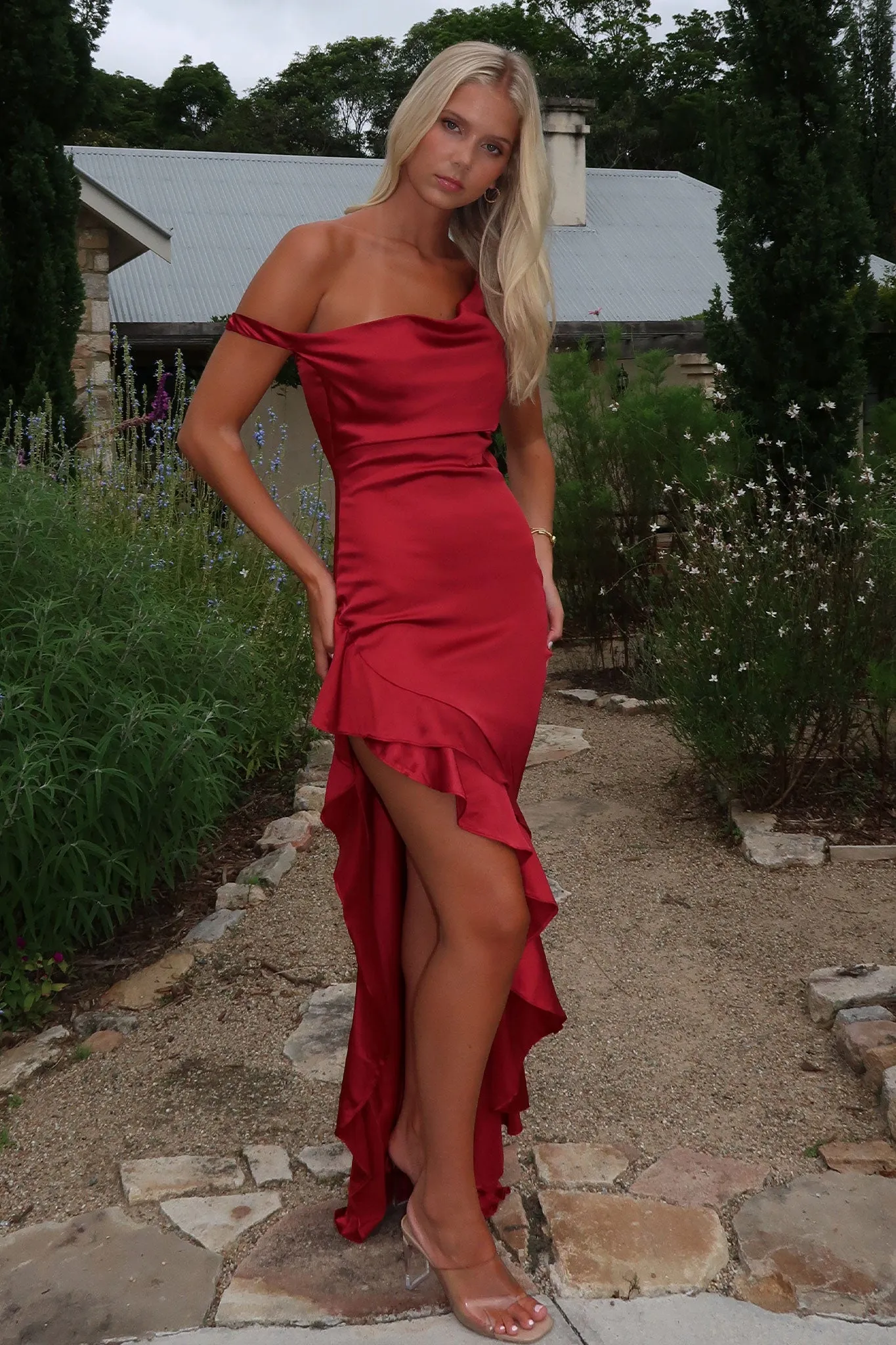 Daenerys Off Shoulder Satin Maxi Dress - Burgundy With its elegant lines this dress offers a sophisticated look that never goes out of fashion