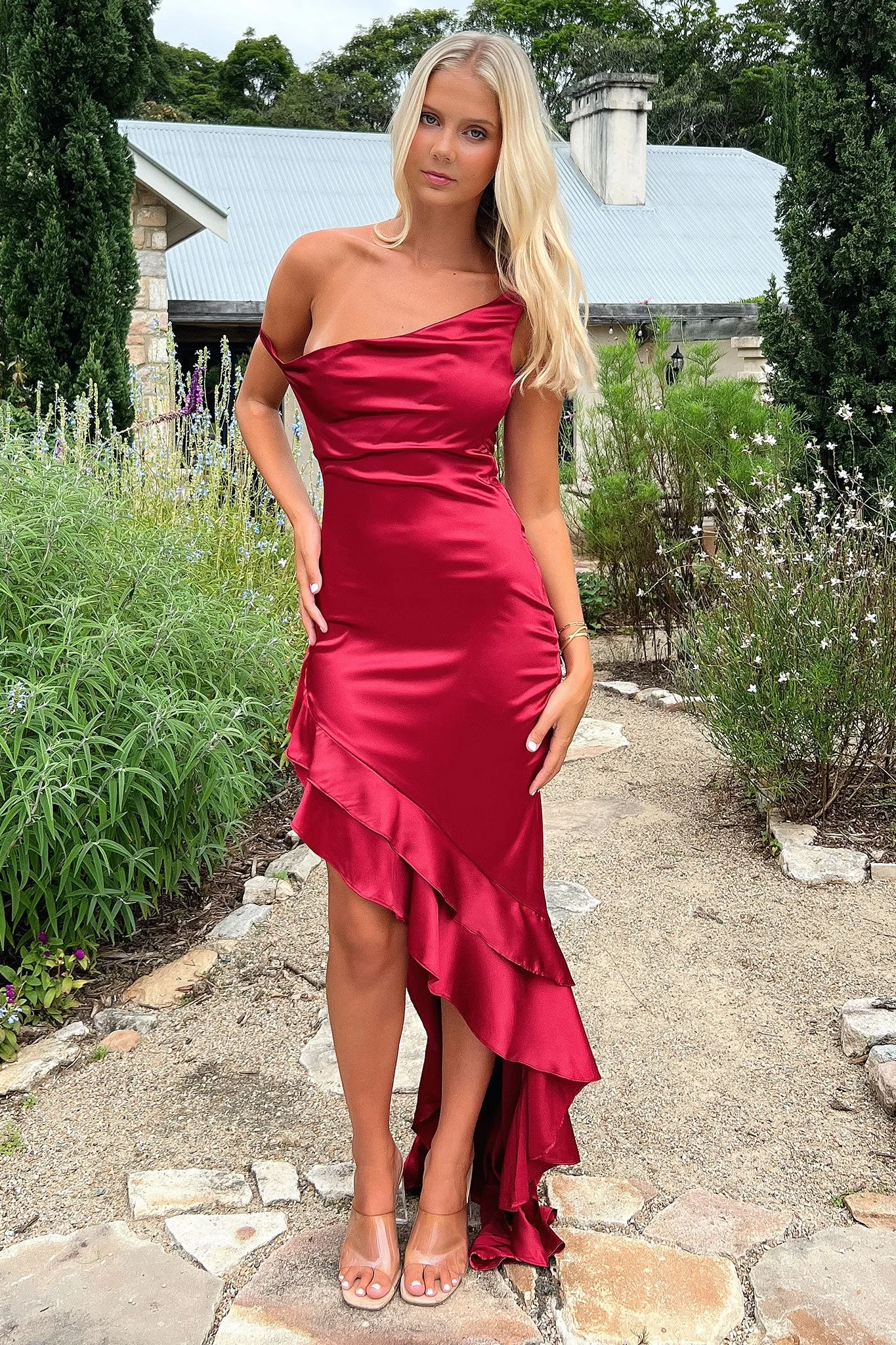 Silent Sea Snow Field Daenerys Off Shoulder Satin Maxi Dress - Burgundy