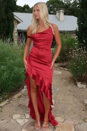 Daenerys Off Shoulder Satin Maxi Dress - Burgundy Pleat Glow