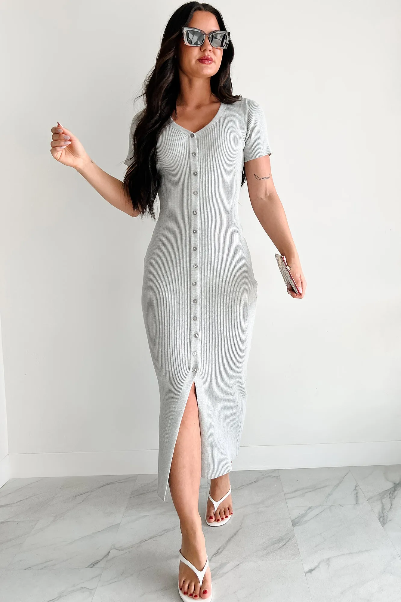 Make It Look Easy Button Front Maxi Dress (Grey) Morning Mist Metal Glow