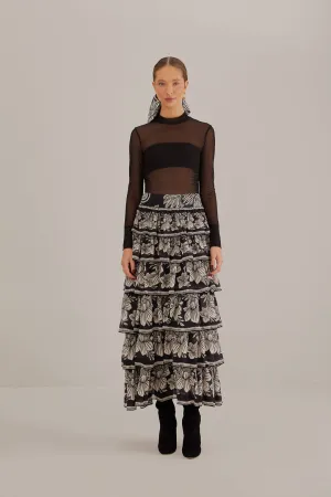 Fringe Detail Black Paisley Bloom Tiered Skirt