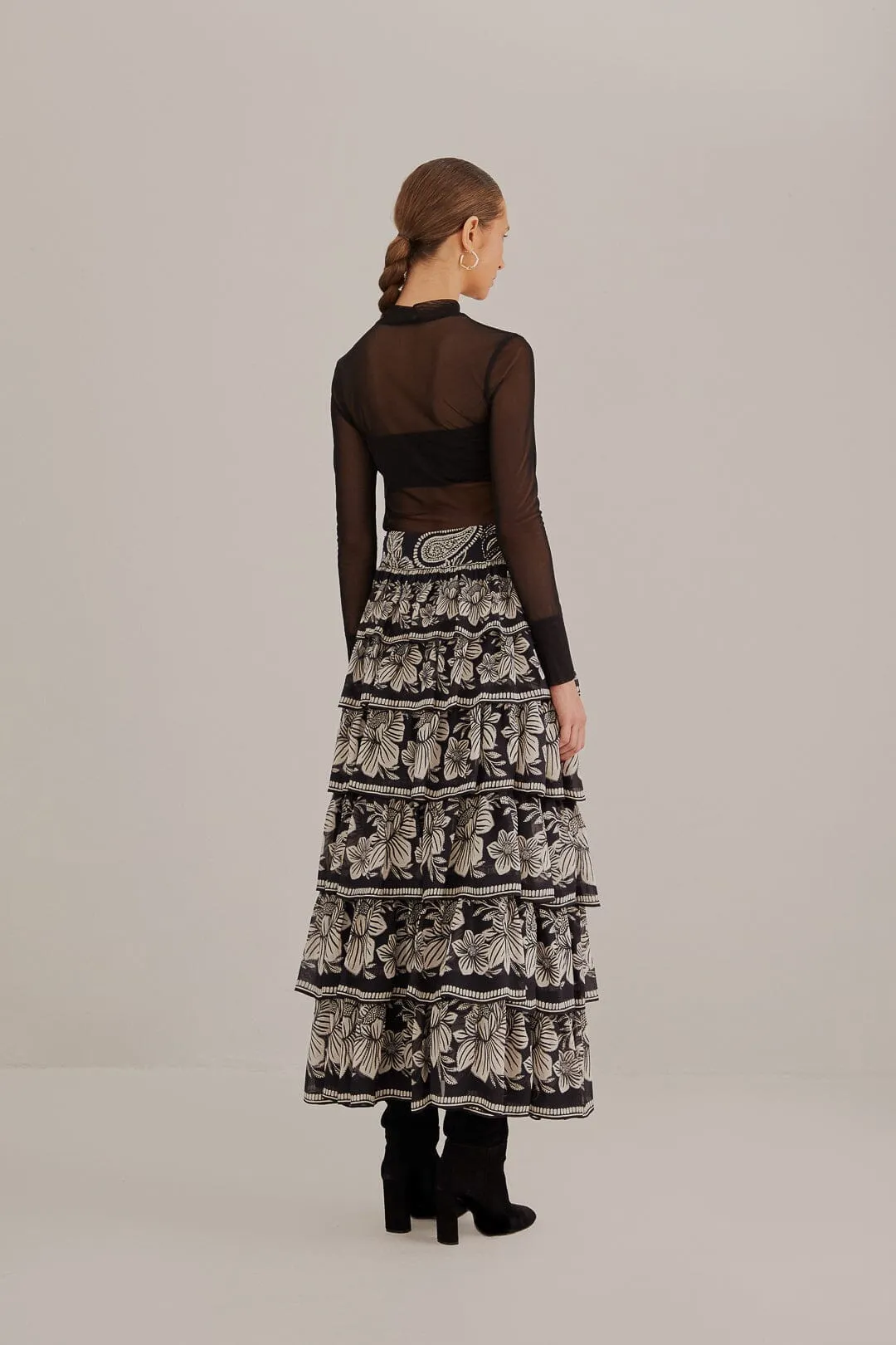 High Rise Black Paisley Bloom Tiered Skirt