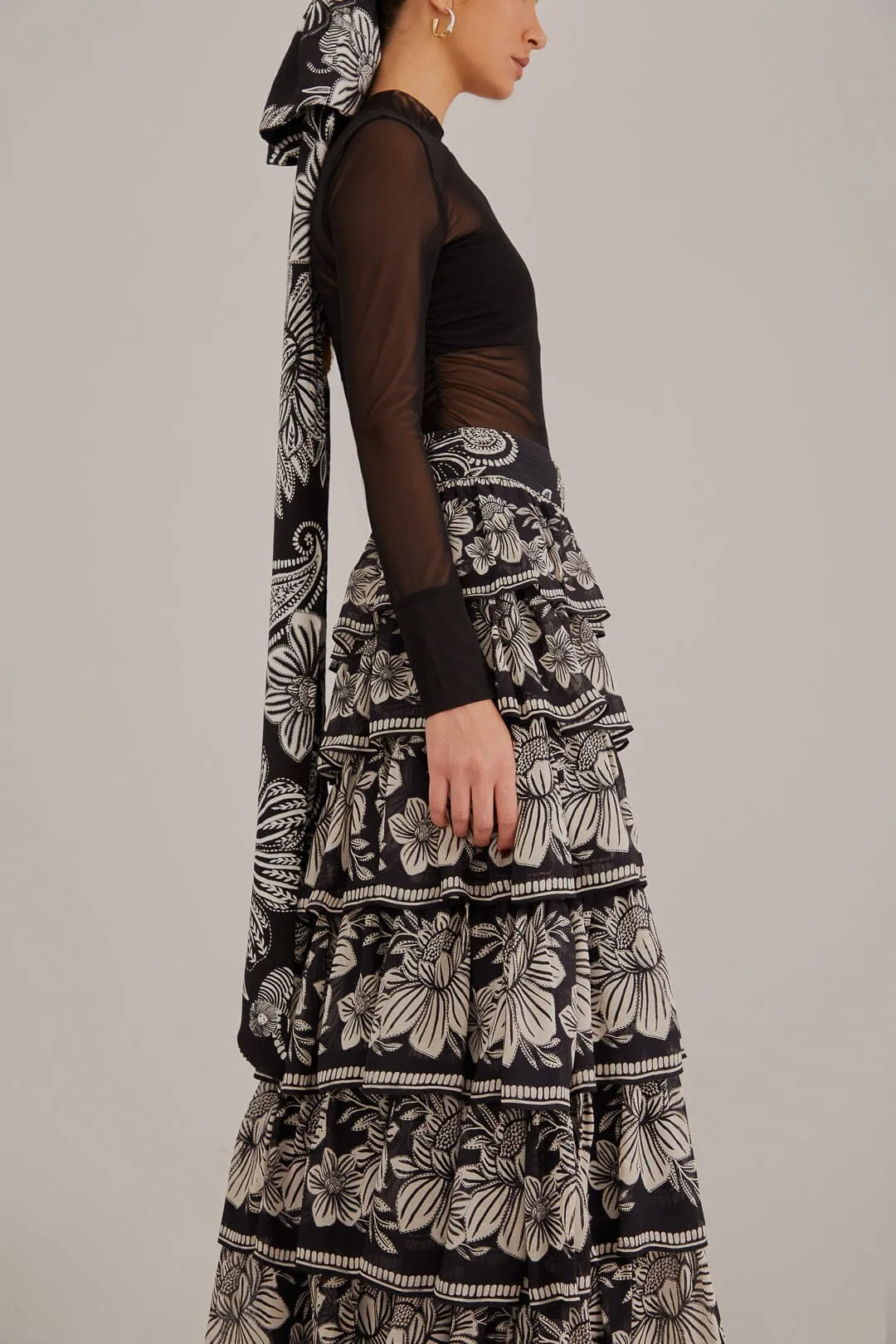 Black Paisley Bloom Tiered Skirt Lightweight texture Transitional Wear