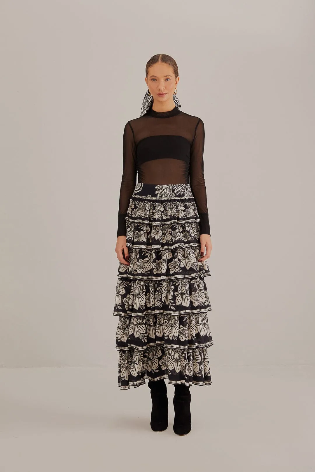 Fringe Detail Black Paisley Bloom Tiered Skirt