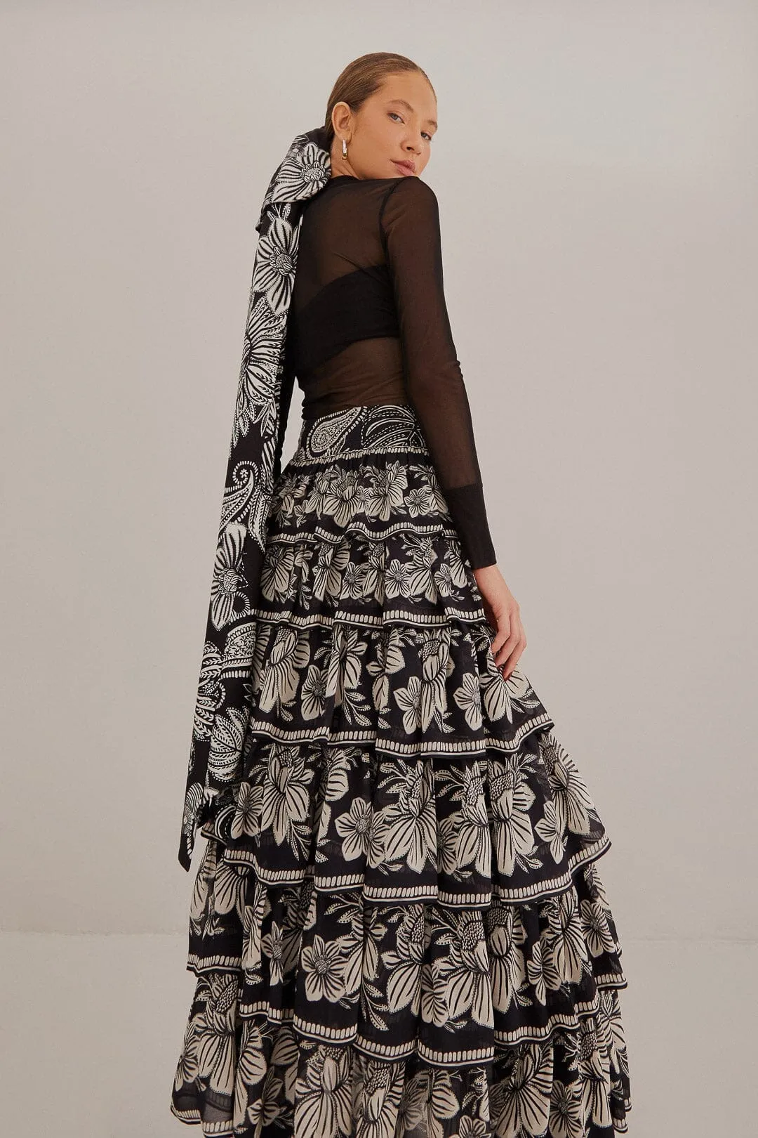 Black Paisley Bloom Tiered Skirt Mood Dressing Tiered Design