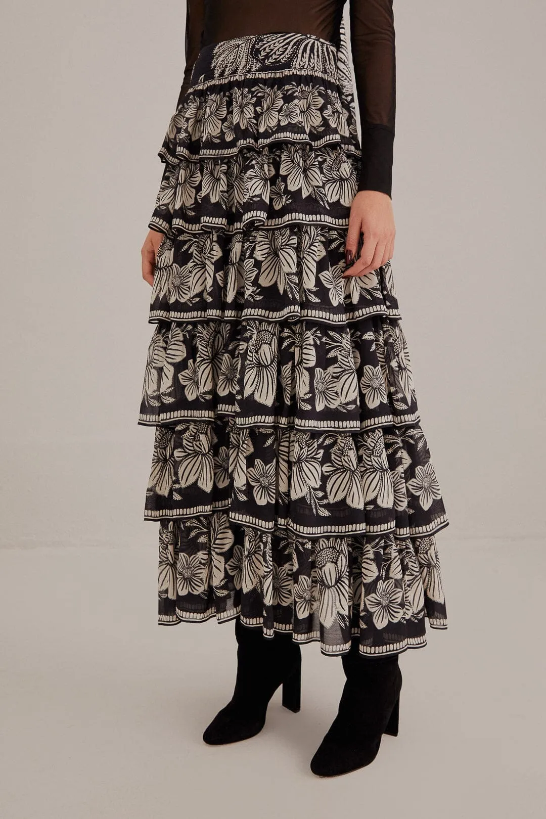 All Day Look Black Paisley Bloom Tiered Skirt
