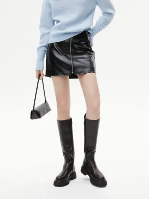 Statement Color Front Zipper Leather Skirt
